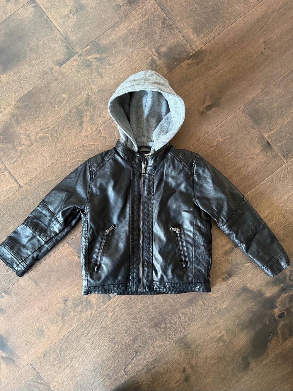H&M Black Faux Leather Jacket with Gray Detachable Hood